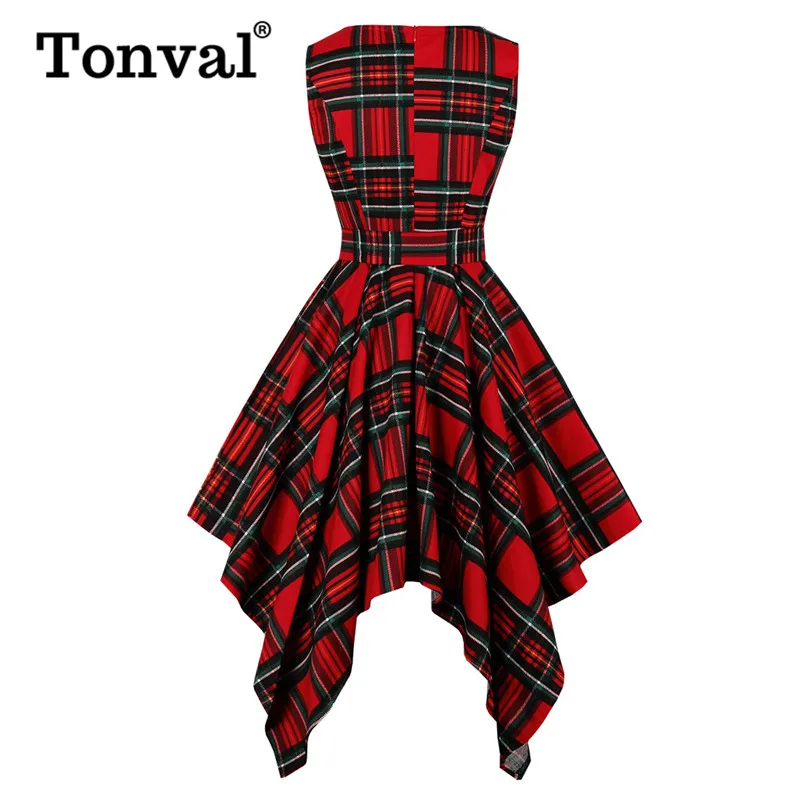 Tonval Vintage Tartan Red Plaid Elegant Party Asymmetrical Long Dress Women Sleeveless Summer Belted High Waist Midi Dresses