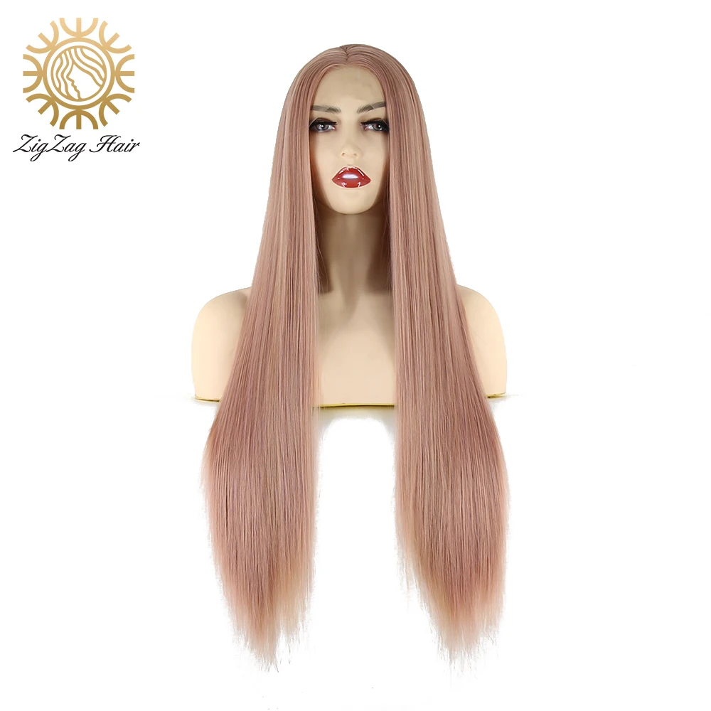 

ZigZag Rose Gold Wig Mix Color Straight Long Synthetic Lace Front Wig for Women Heat Resistant Fiber Hair Middle Part Daily Wear