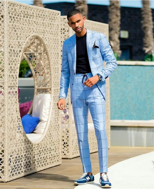 Sky Blue Suit With Blue Colour Coat Pant Check Tailored Light Blue