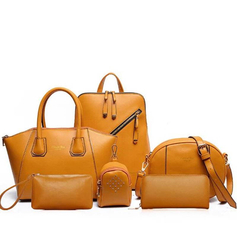 Новое поступление, 6 комплектов кожаных сумок, Женская Офисная сумка, композитная сумка, женская сумка на плечо+ дизайнерская сумка+ клатчи на день+ кошелек - Цвет: Yellow