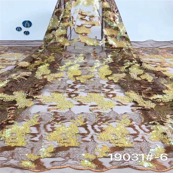 

French Net Lace Fabric 2019 Latest African Guipure Lace Fabric With Embroidery Mesh Tulle Sequins Lace Fabric Peach Yellow