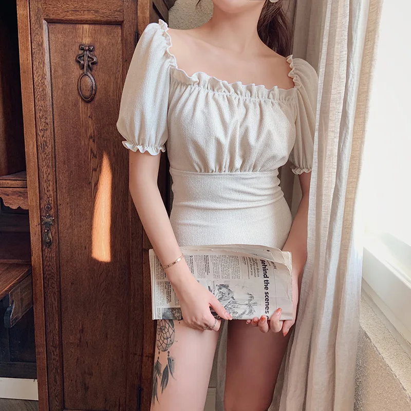 

Swimsuit One Piece Bikinis Female 2019 Swimsuits Woman Summer Sexy Swim Suits Large Size New Shoulders Back Word Ribbon French