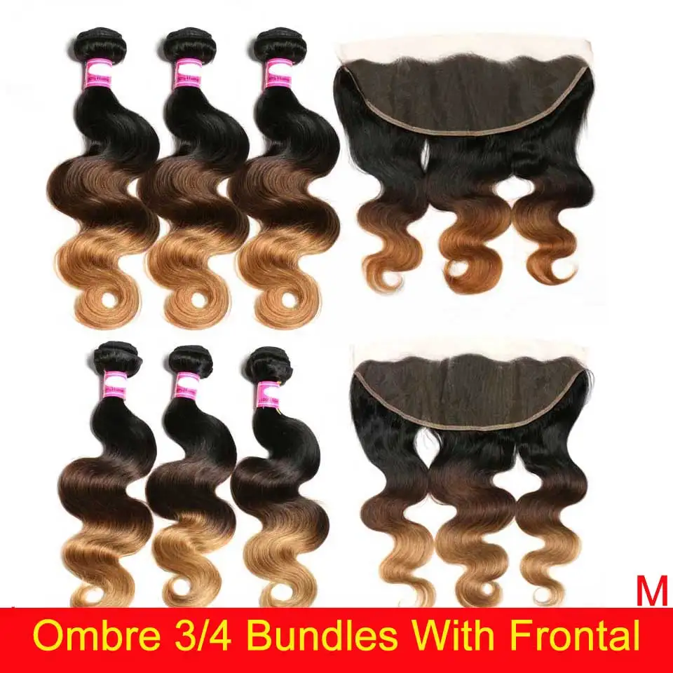 

Ombre Hair Bundles With Frontal Peruvian Body Wave T1B 4/27/30 Color 100% Human Hair Bundles With Frontal Remy Hair Extensions