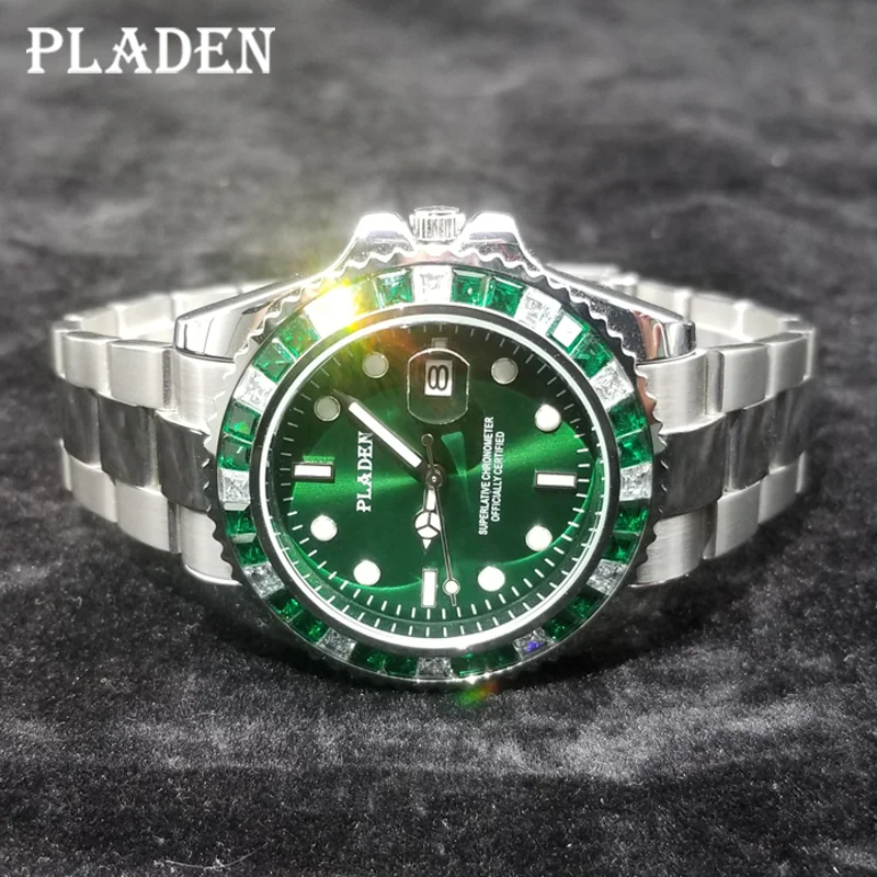 PLADEN 2021 Luxury Men Watches Top Brand Green Gem Decoration Quartz Clock Luminous Stainless Steel Dive Wristwatch Dropshipping golden flower style wall clock home living room dining room decorative clock metal handicraft wall decoration clock watch