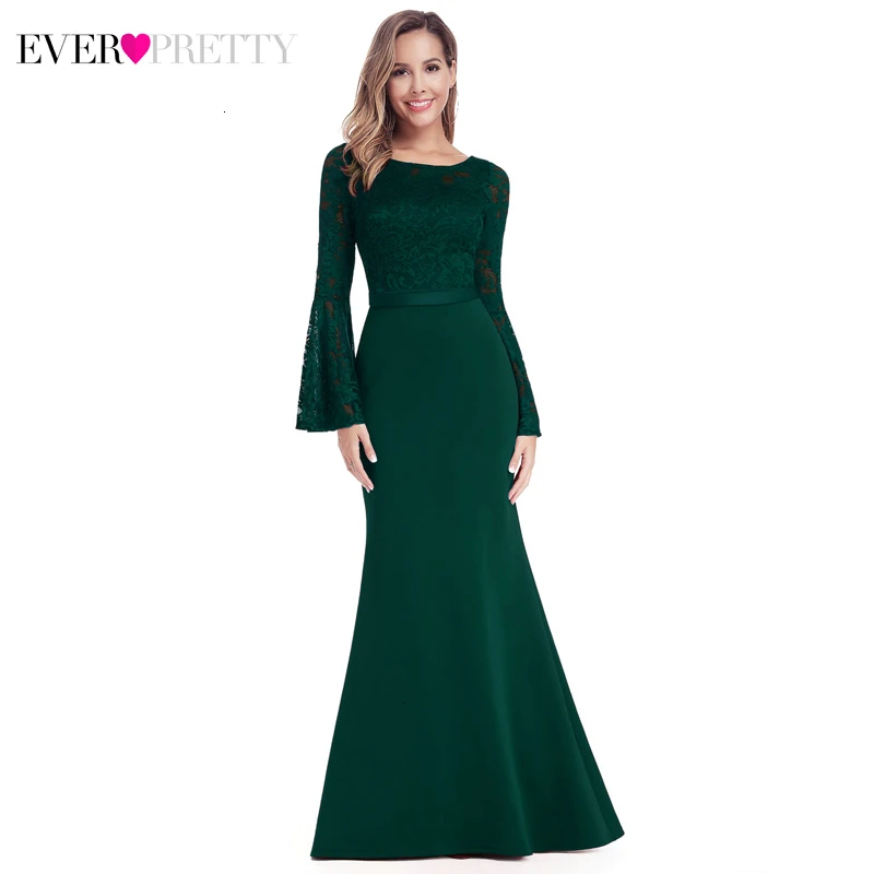 Элегантные кружевные вечерние платья с цветочным рисунком, длинные красивые вечерние платья с круглым вырезом и расклешенными рукавами - Цвет: Dark Green