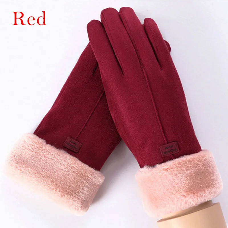 PUIMENTIUA зимние женские шерстяные перчатки теплая кашемировая замша ткань теплые утолщенные плюшевые наручные перчатки женские красные черные перчатки для вождения