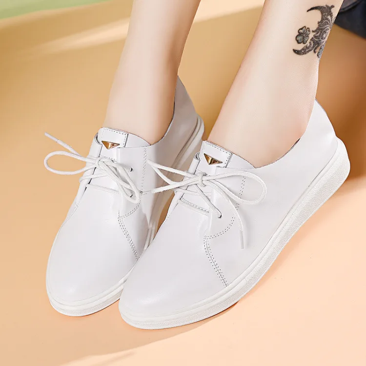 

2018 Autumn New Style Casual Shoes Women's Students White Shoes Genuine Leather Korean-style Lace-up Flat WOMEN'S Casual Shoes S