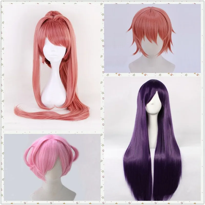 Парик Игровой аниме DDLC Natsuki розового цвета Моника 100 см Длинные Косплей Sayori