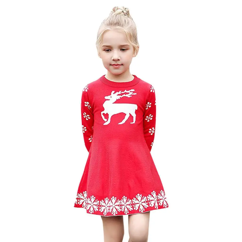 Платье для маленьких девочек; милое зимнее вязаное платье-свитер с длинными рукавами для маленьких девочек с рождественским оленем и снежинками; детская одежда