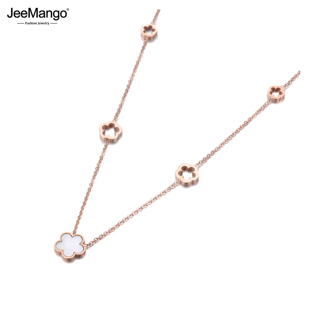 JeeMango Neues Design Titanstahl 5-teiliges Blumen-Charm-Anhänger-Schmuckset in Roségoldfarbe mit Muschel-Hochzeitsketten für Frauen N19100