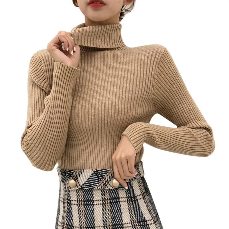 Женский осенний свитер, тонкий мягкий вязаный пуловер с длинным рукавом и высокой горловиной, сексуальный тонкий стрейчевый водолазка, очаровательный и благородный - Цвет: Хаки