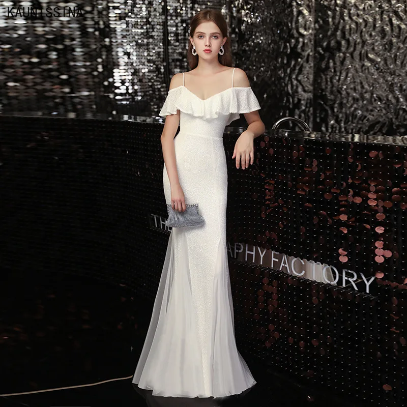 

Women Mermaid Long Evenig Dress Sexy Strap White Fishtail Evening Dresses Ladies Floor Length Foral Party Prom Gowns Vestidos