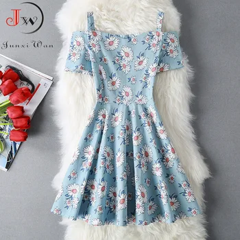 

2020 Women Summer Spaghetti Strap Sexy Party Dress Floral Print Slash Neck A Line Cotton Vintage Dresses Plus Size Robe Femme