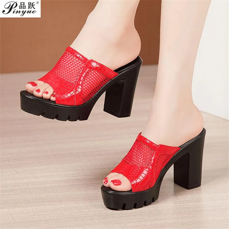 

Patent-leather fish-mouth high-heeled slippers 10cm Women Shoes Summer Open Head High Heels Slides OL Office 32--43