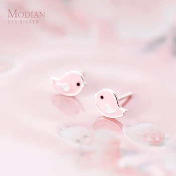 

Modian Romantic Lovely Pink Enamel Birds Silver Stud Earrings Tiny Fashion 925 Sterling Silver Animal Earring For Women Jewelry