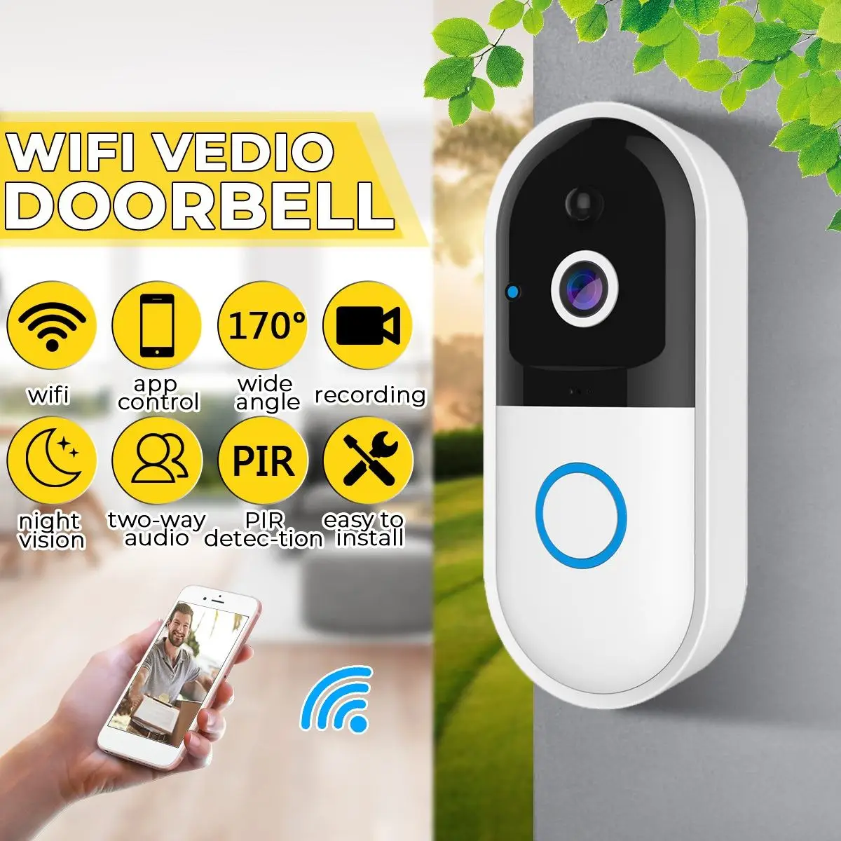 Беспроводная камера Wi-Fi для дверного звонка Smart Video домофонный дверной звонок Видеозвонок для квартиры ИК-сигнализация Беспроводная цветная камера безопасности объектива