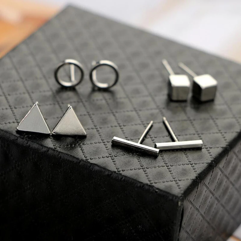 Jisensp, корейский стиль, простые круглые треугольные серьги-гвоздики для женщин, Геометрические Квадратные серьги, K-pop ювелирные изделия, рождественские серьги - Окраска металла: 4pairsset silver