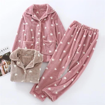 

2020 Fashion fleece pyjamas set winter women warm home wear suit 2 pieces coral velvet sleep shirt+pants