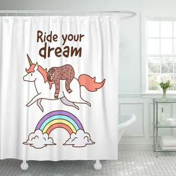 

Colorful Sleep Sloth Riding Unicorn Ride Your Dream Quote Pink Animal Baby Shower Curtains 72"X72" Cute Decorative Bath