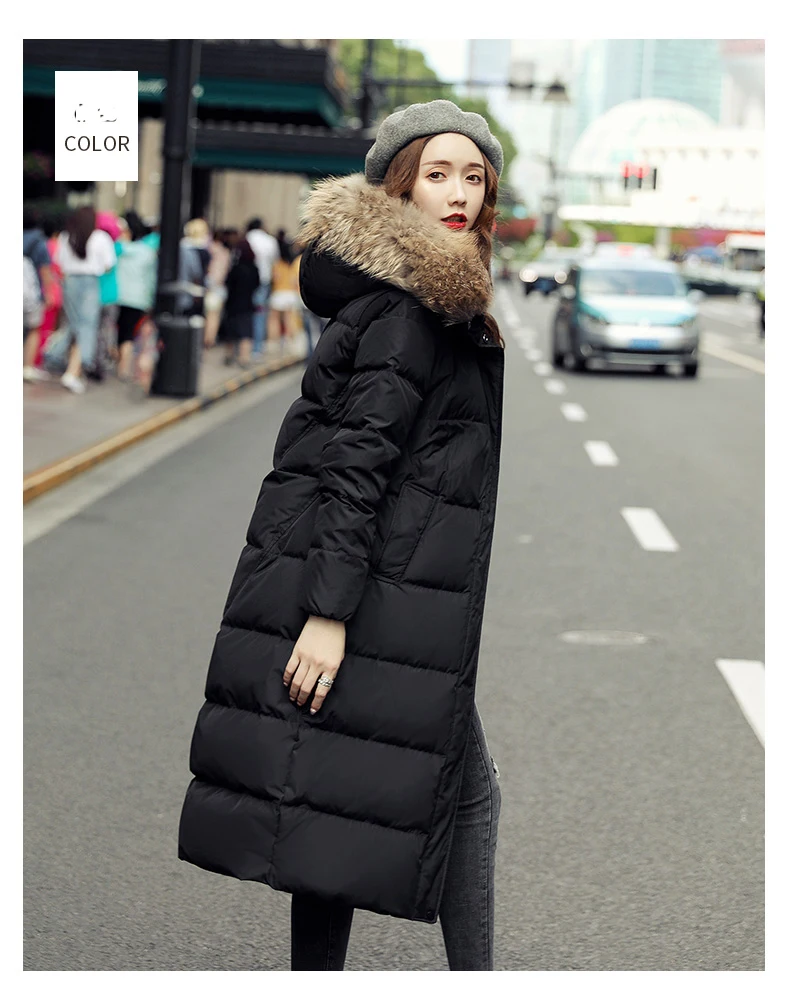 Пуховик женский хит длинный большой размер воротник из натурального меха прямое модное пальто