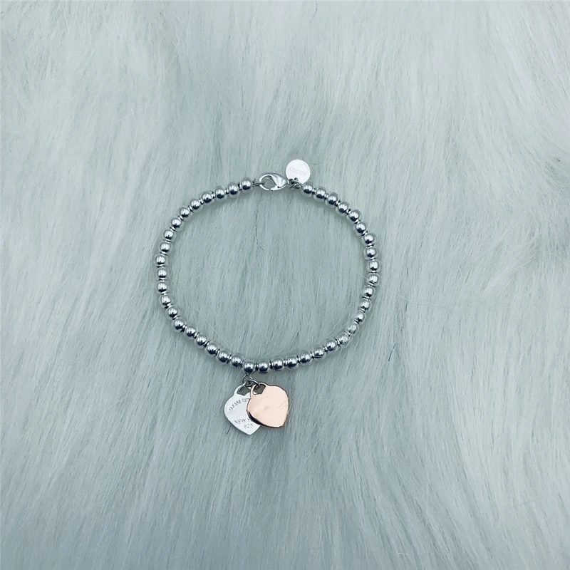 

SHINETUNG S925 sterling silver, rose gold double heart pendant 4mm round bead bracelet, 1: 1 high-end women's jewelry with logo.