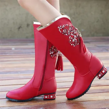 

Winter Boots for Girls Shoes Princess Children's Boots Tassel Leather High-heels Long Boots Plus Velvet Warm Cotton Kids Shoes