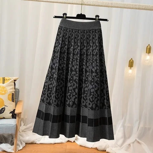 satin skirt High Waist Mid-length Knitted Skirts Women's Leopard Print Umbrella Skirts A-line Pleated Skirts Female 2021 New Autumn Winter satin midi skirt Skirts