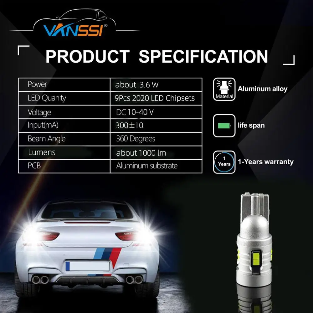 VANSSI 2 шт. очень яркий 1000lm T10 W5W 194 T15 912 921 Светодиодный лампочки CANBUS без ошибки 9SMD светодиодный парковки обратный светильник белый 6000K