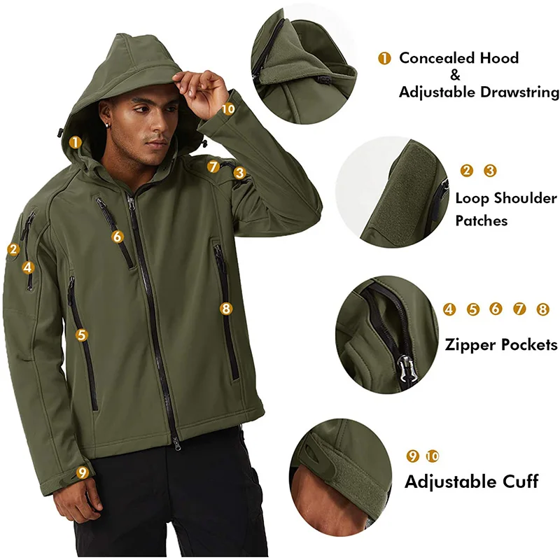 EKLENTSON Herren-Winter-Fleecejacke, wasserdicht, Softshell, durchgehender Reißverschluss, abnehmbare Kapuze für Wandern, Camping, Outdoor-Aktivitäten – Detail 11