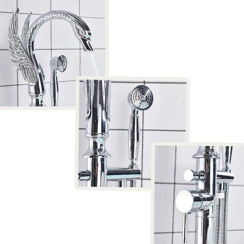 Swan Shape Bathtub Faucet Freestanding Bathroom Bath Tub Mixer Tap Single Handle with Handshower Floor Mounted Bath Shower Tap 3