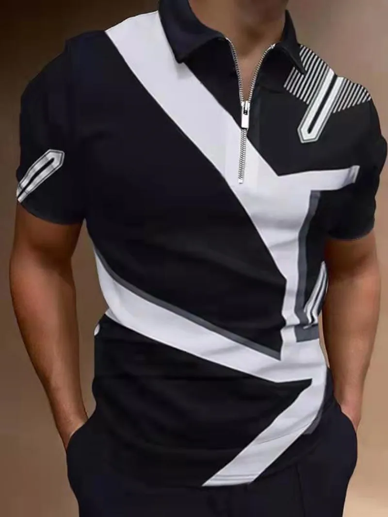 Shirt Fashion Striped Patchwork Short Sleeve Tops For Men Casual Turn-down Collar Zip-up Polo Shirts 2021 Summer Men's Slim Polo