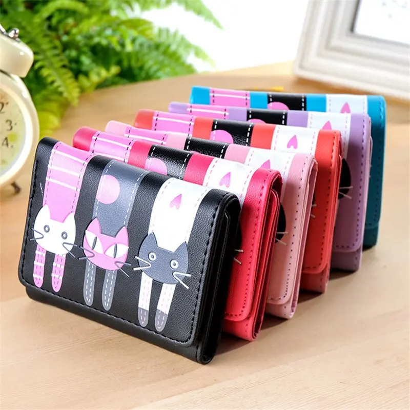 Litthing Cartoon Cat Women Wallet PU Leather Women Short Wallet Brand Designed Coin Purse Female Card Holder Cute Girl Wallet