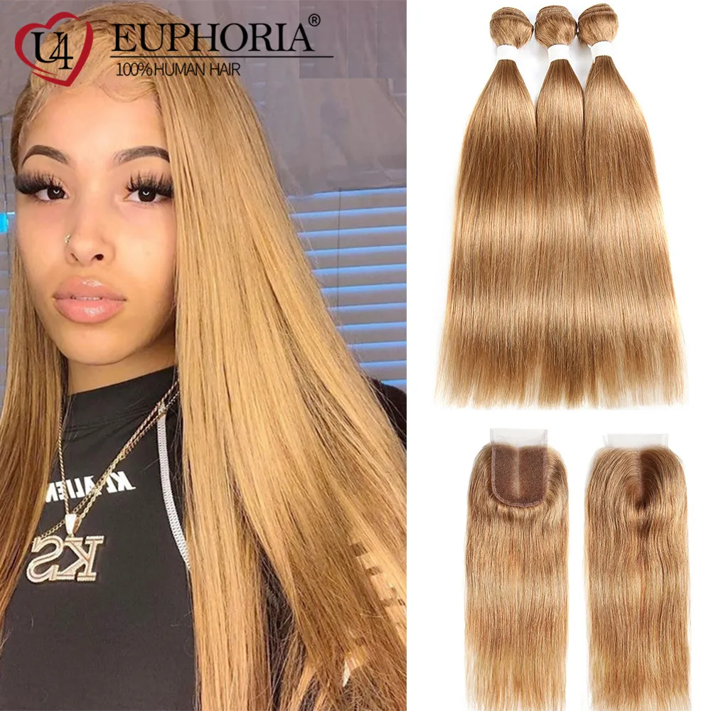 Straight Hair Bundles With Closure 4x4 Blonde 27 Red Burg Brazilian Remy Human Hair 3/4 Pcs Bundles With Lace Closure Euphoria