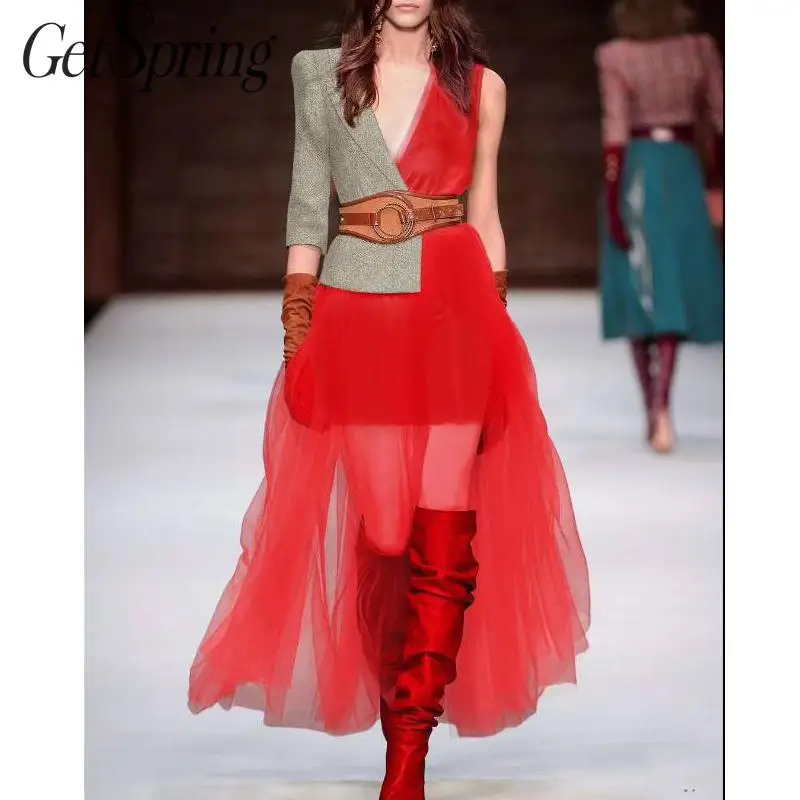 

GetSpring Women Dress V Neck One Shoulder Dress Patchwork Mesh Spliced Maxi Dresses Irregular Long Party Dresses Autumn Winter