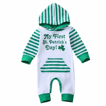 

Baby CSt Patrick's Day Costume Outfits Ifnant Newborn Striped Green Hooded Jumpsuit Bodysuit Baby Boy Girl Clothes