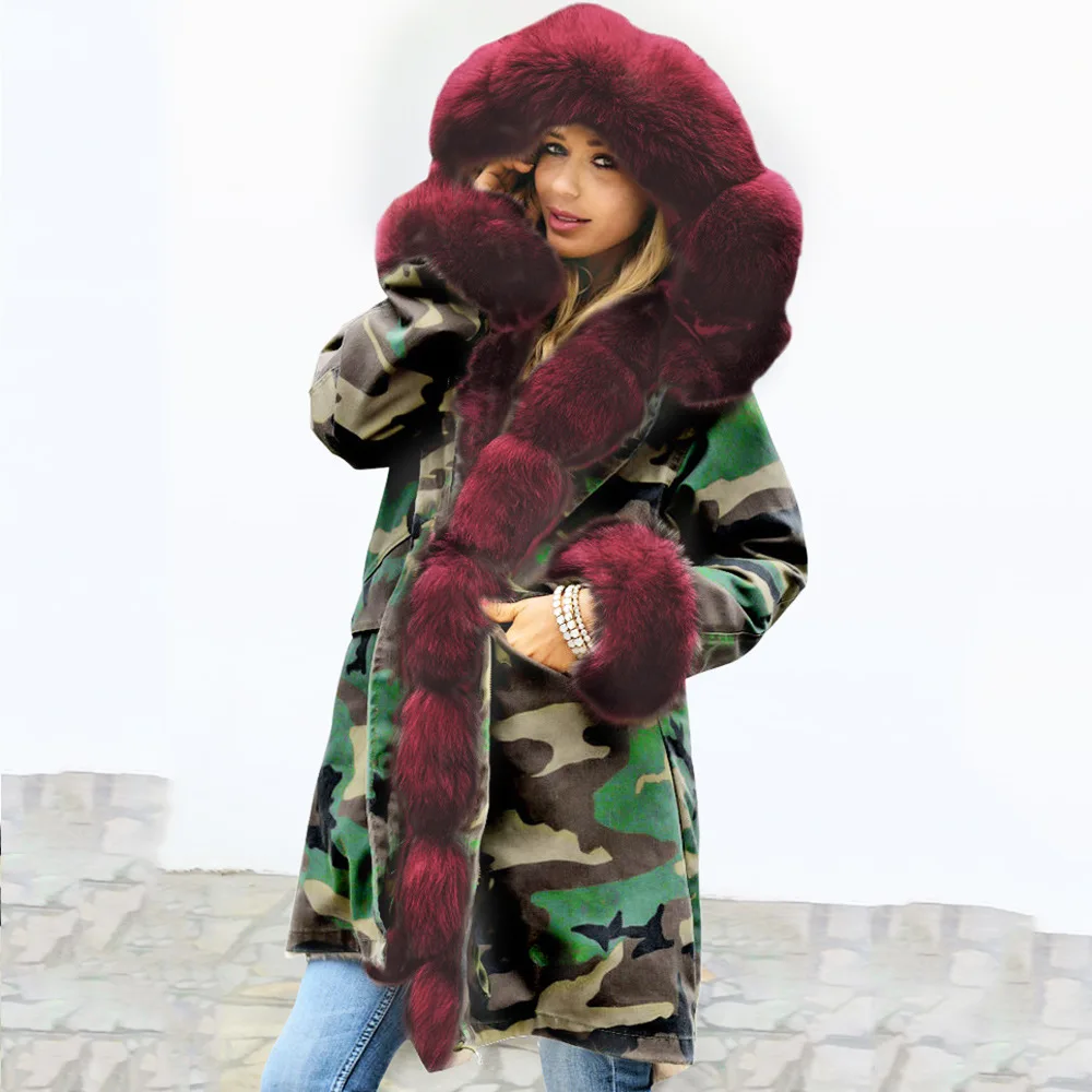 Теплое Женское пальто с меховым воротником, длинное плотное камуфляжное плюшевое пальто с капюшоном, зимняя женская куртка размера плюс, верхняя одежда, парка для женщин