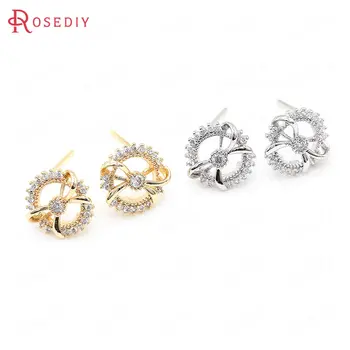 

(39447)4PCS 10MM 24K Gold Color Brass and Zircon with Bow Circle Stud Earrings Pins Earrings Jewelry Making Diy Accessories