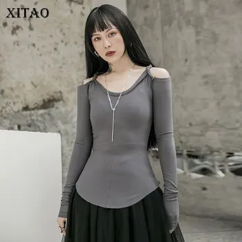 

XITAO Off Shoulder T Shirt Fashion New Women Pleated 2020 Spring Elegant Pleated Sheath Small Fresh Casual Loose Tee DMY3281