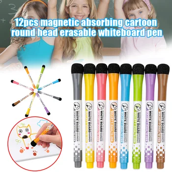

12pcs Magnetic Whiteboard Pen Erasable Dry Wipe Whiteboard Marker Pens with Eraser Tips NIN668