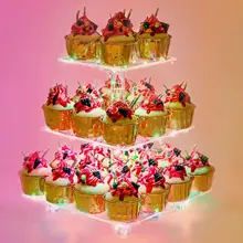 3 Tier Square Cupcake Stand Cupcake Holder Acrylic Cupcake Tower Display Acrylic Display for Pastry LED Light String for Wedding