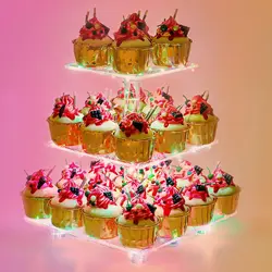 3 Tier Square Cupcake Stand Cupcake Holder Acrylic Cupcake Tower Display Acrylic Display for Pastry LED Light String for Wedding