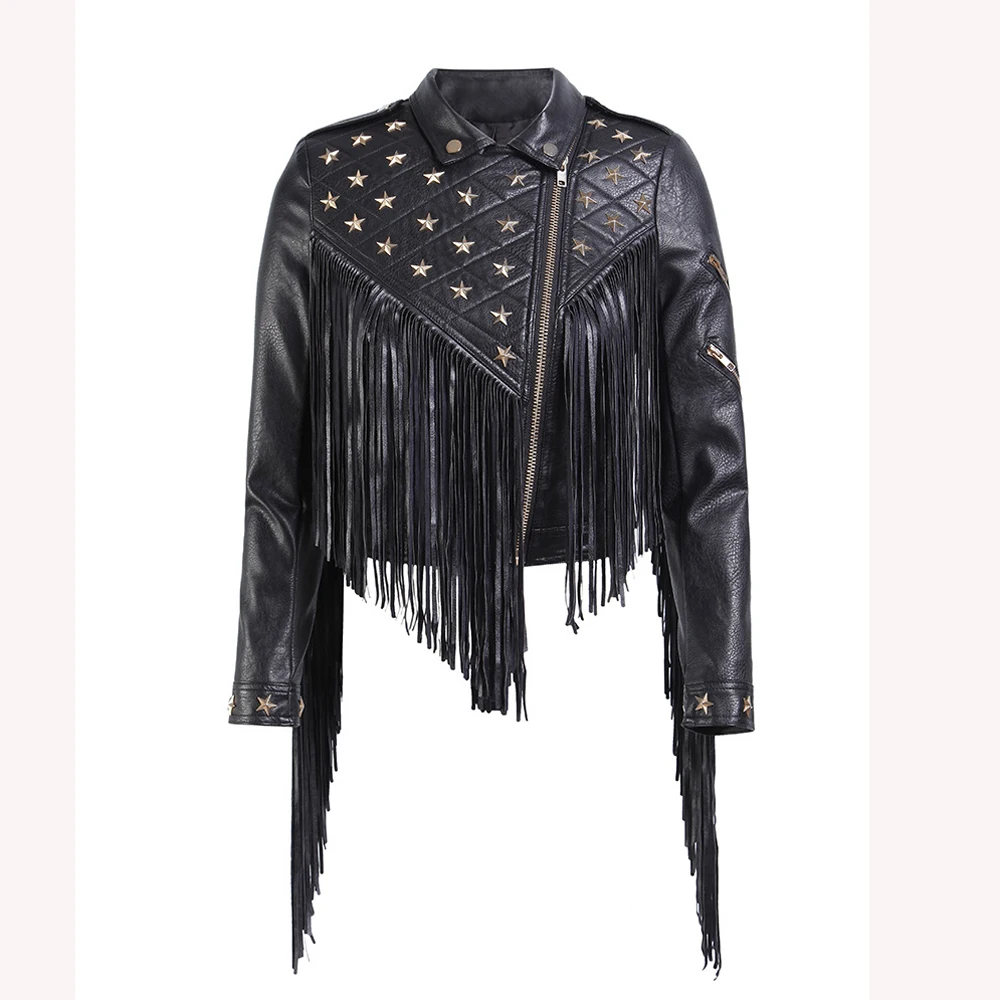 AIMENUNU Patchwork Tassel Rivet PU Leather Women's Coats Lapel Collar Long Sleeve Asymmetrical Jackets Female Clothing - Цвет: Black