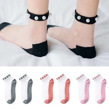 

Retro Thin Mesh Sheer Ultra Short Ankle Socks Pearl Anklet Sock Floral Stretch High Sock