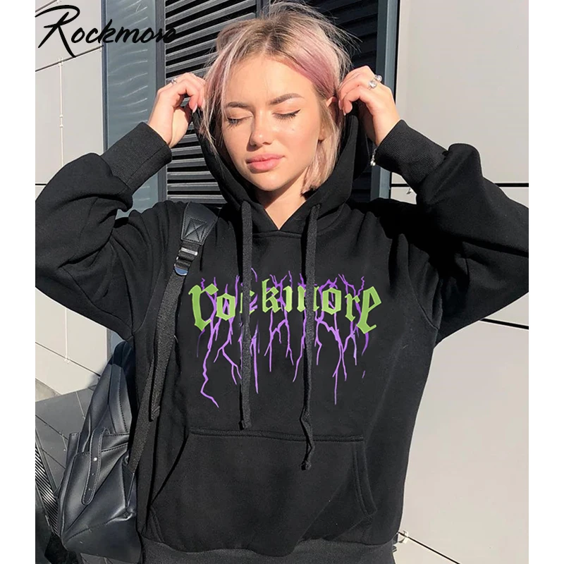 Comprar Sudadera con capucha larga negra estampada con letras Rockmore para mujer, sudadera gótica con capucha, sudadera de gran tamaño para mujer, sudadera para mujer, camisa de talla grande, otoño