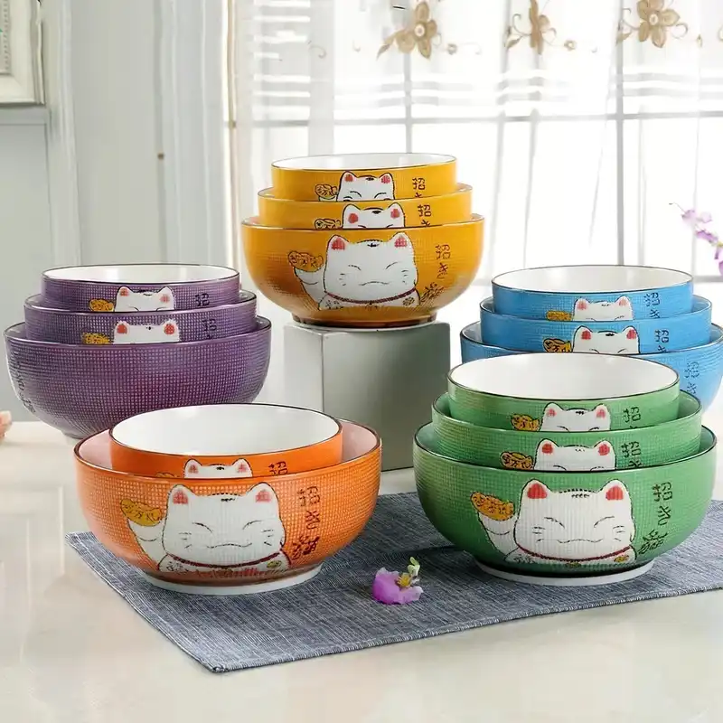 Bol Rond En Ceramique Pour Chat Porte Bonheur Japonais Multitaille Bol A Salade En Porcelaine Nouilles Bol De Soupe Vaisselle Aliexpress