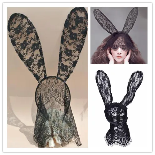 1Pcs Fashion Headbands Women Sexy Black Flower Lace Rabbit Bunny Ears Mask Hair Bands Hair Styling Tool