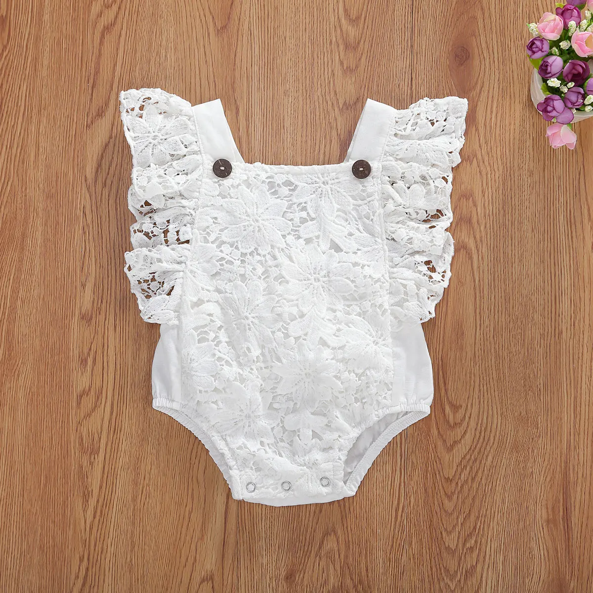 

Emmababy Newborn Baby Girl Clothes Solid Color Lace Flower Ruffle Fly Sleeve Square Collar Romper Jumpsuit One-Piece Casual Set