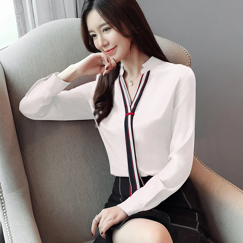 Blusas mujer de moda, осенняя модная блузка из шифона с длинными рукавами, Повседневная шифоновая рубашка с v-образным вырезом и длинными рукавами, офисные женские блузы