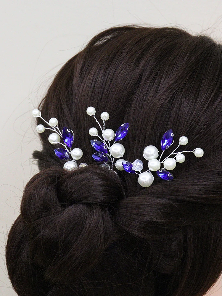Bohe Blue Green Rhinestone Hair Pins 3PCS Women Headpieces Birde Headdress for Hair Clips Pearls Bridal Wedding Accessories