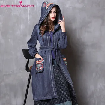 

Long Hooded Denim Trench Ethnic Style Autumn Winter Vintage Embroidery Adjustable Belt Pockets Casual Jeans Coat